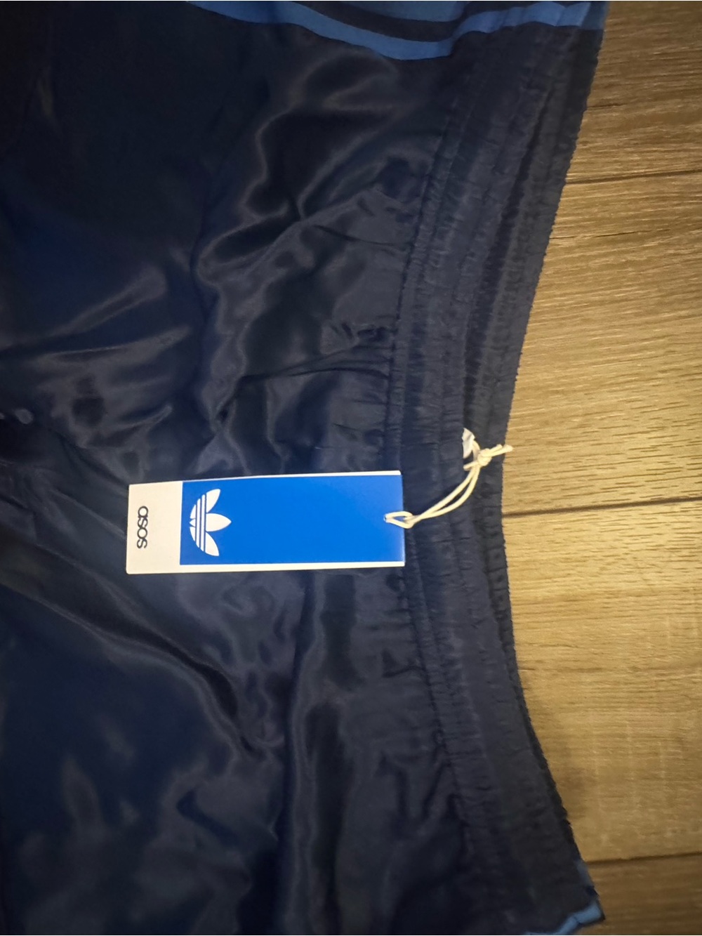 adidas x asos Navy Satin Shorts with Blue Three-Stripes and Lace Trim - Picture 6 of 6